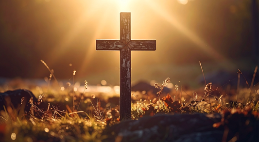 Small wooden cross outside in a grassy area with sun shining on it. 