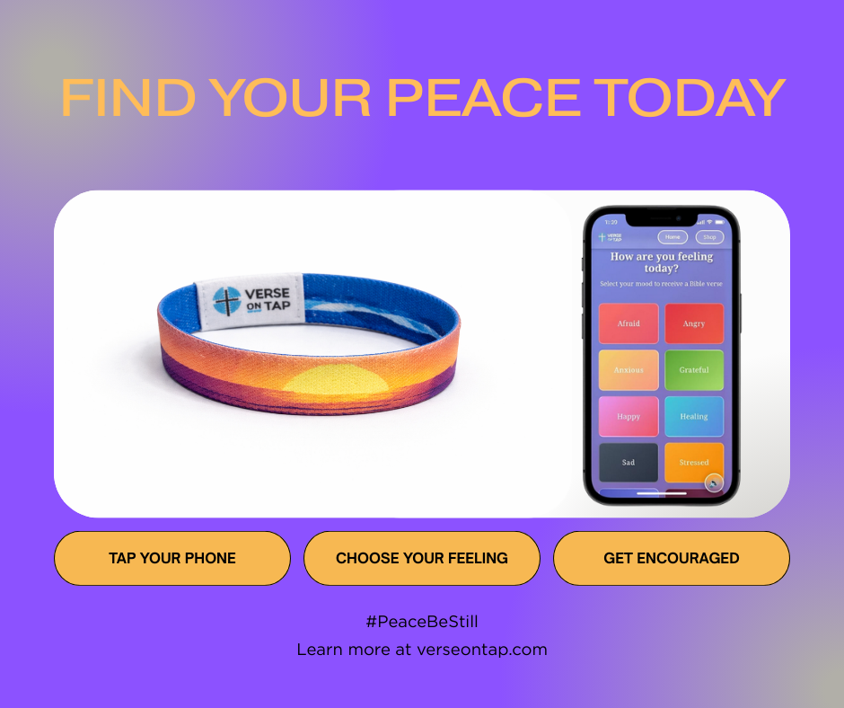 Colorful wristband and smartphone with app interface on a purple background, promoting mental well-being.