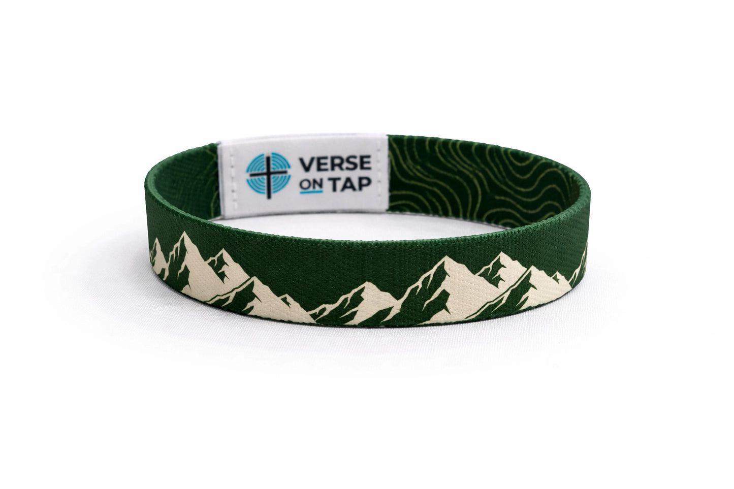 Green wristband with mountain design and 'Verse on Tap' label on a white background