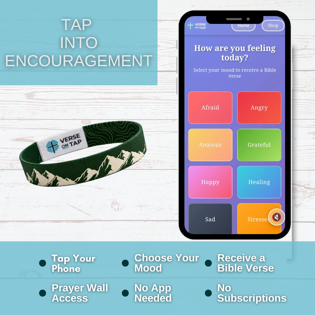 Smartphone app interface with mood selection and a wristband labeled 'Verse on Tap' on a wooden surface.