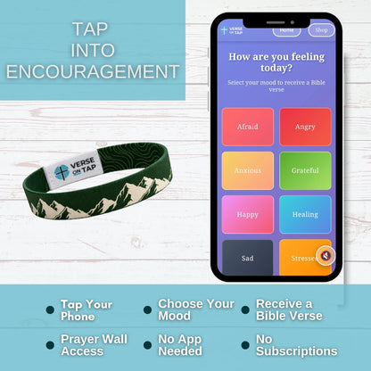 Smartphone app interface with mood selection and a wristband labeled 'Verse on Tap' on a wooden surface.