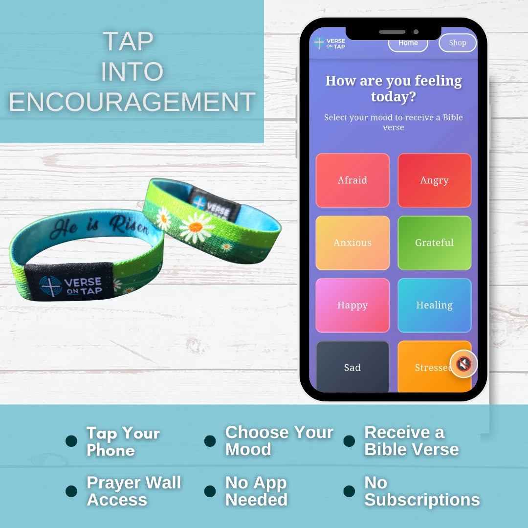 Smartphone app interface with mood selection and wristbands on a wooden surface