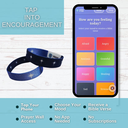 Smartphone app interface with mood selection and Bible verse feature, next to a wristband.