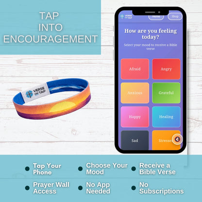 Smartphone app interface with mood selection and a colorful wristband on a light wooden background.