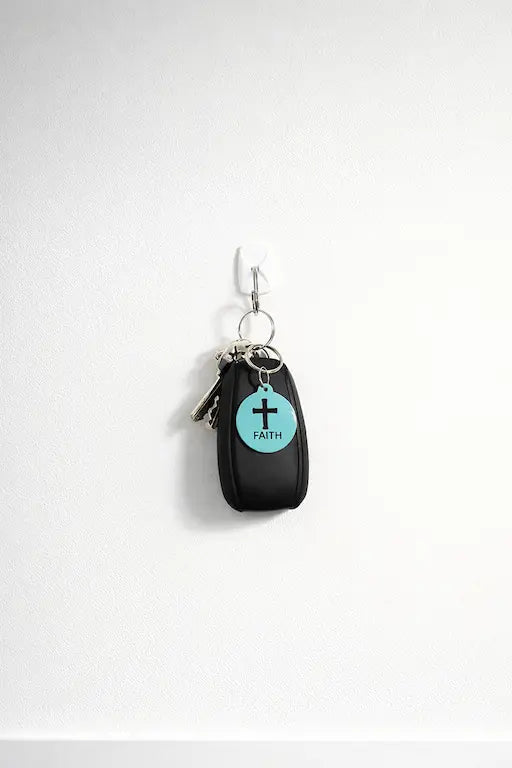 NFC keychain shown on a set of keys. Teal NFC keychain with black cross and "FAITH" black text.