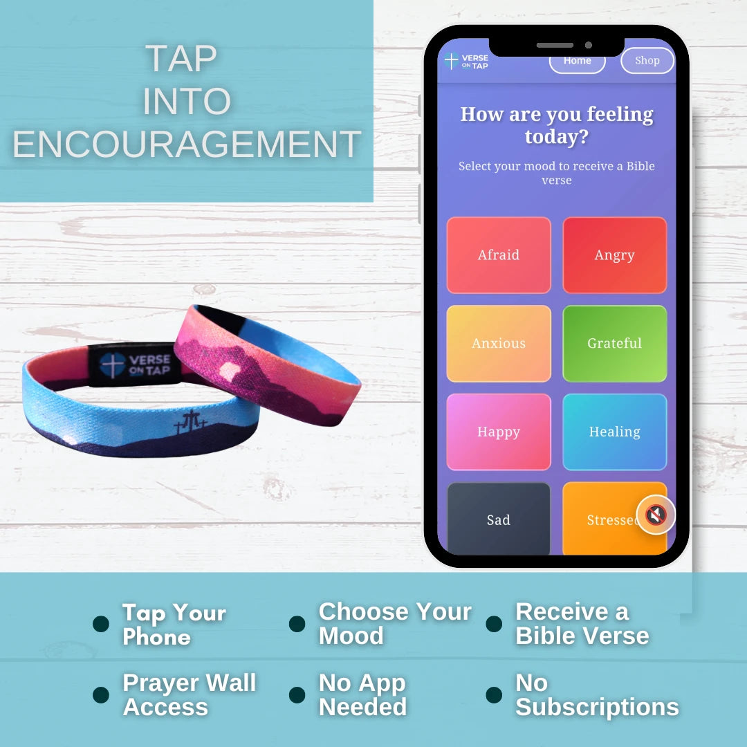 Smartphone app interface with mood selection and a wristband on a wooden surface