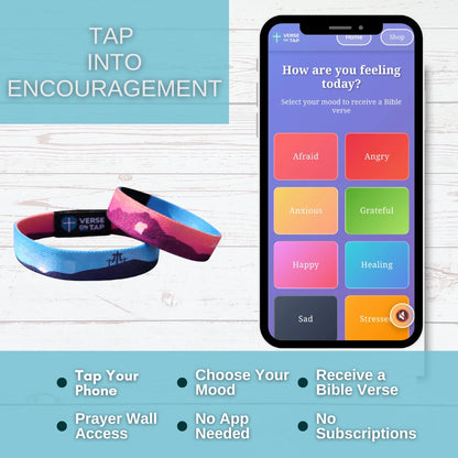Smartphone app interface with mood selection and a wristband on a wooden surface
