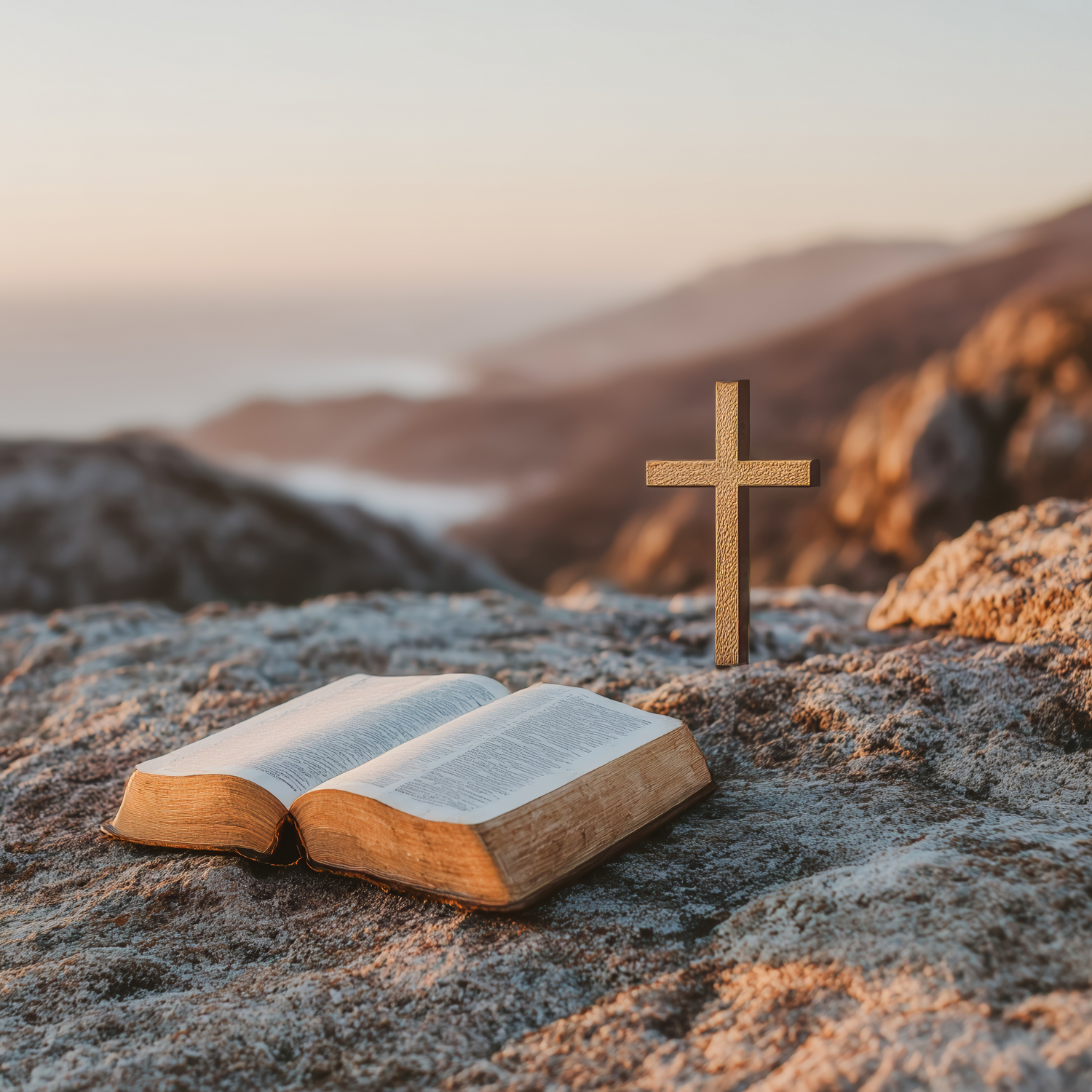 Open bible book and wooden cross on a rocky surface with a blurred natural background