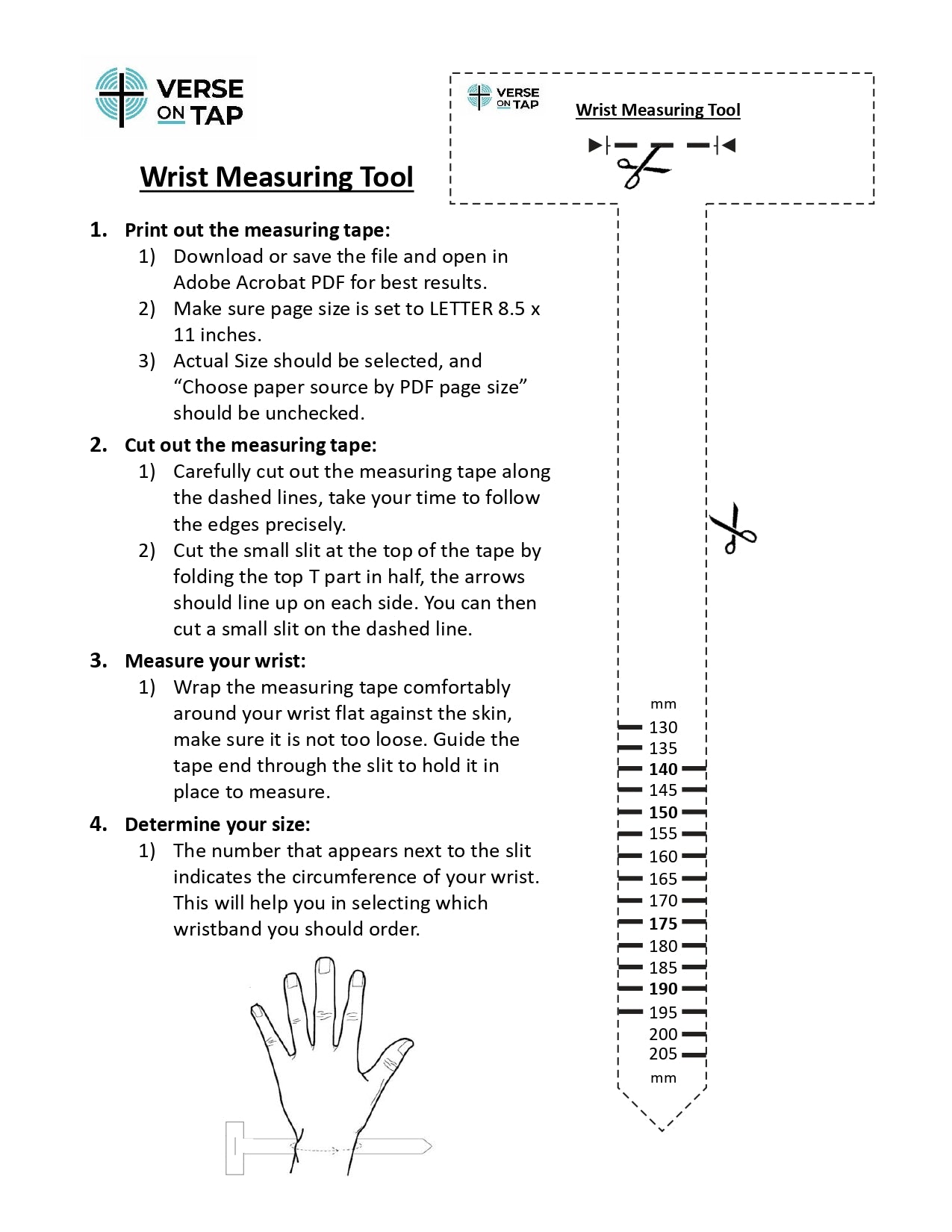 Wrist measuring tool instructions with a sample measurement tape on a white background