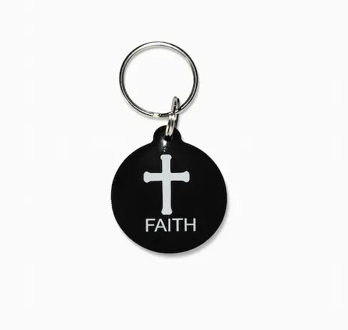 Black NFC keychain with white cross and "FAITH" white text.