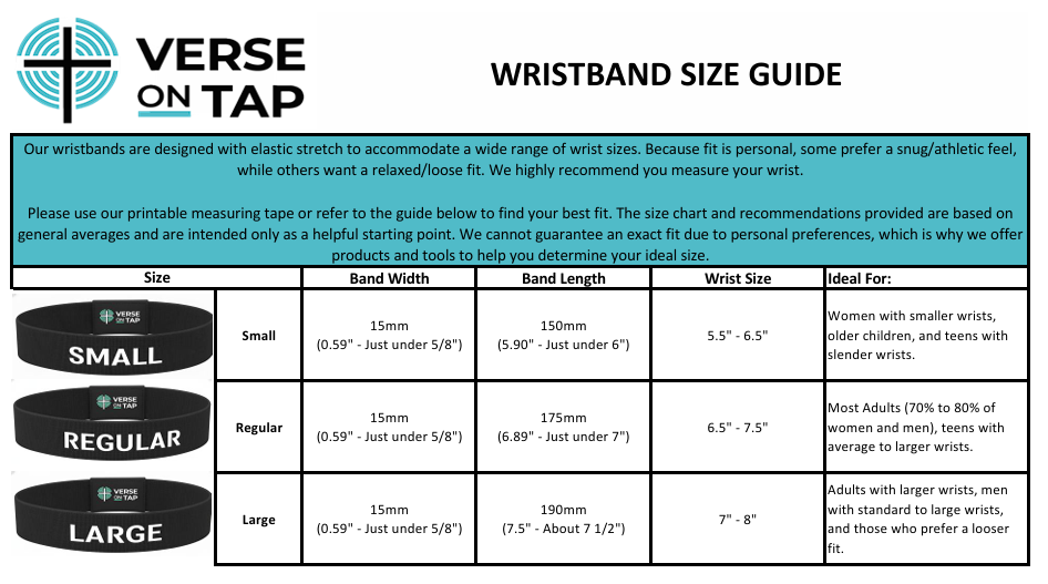 Wristband size guide with measurements and recommendations for different wrist sizes.