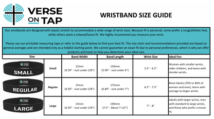 Wristband size guide with measurements and recommendations for different wrist sizes.